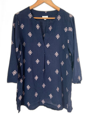 Pure J Jill Women's Navy Embroidered V-Neck Cotton Tunic Top L